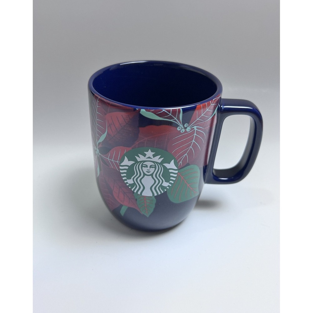 STARBUCKS Mermaid Siren Holiday Christmas NAVY BLUE Poinsettia Ceramic Mug-12 oz